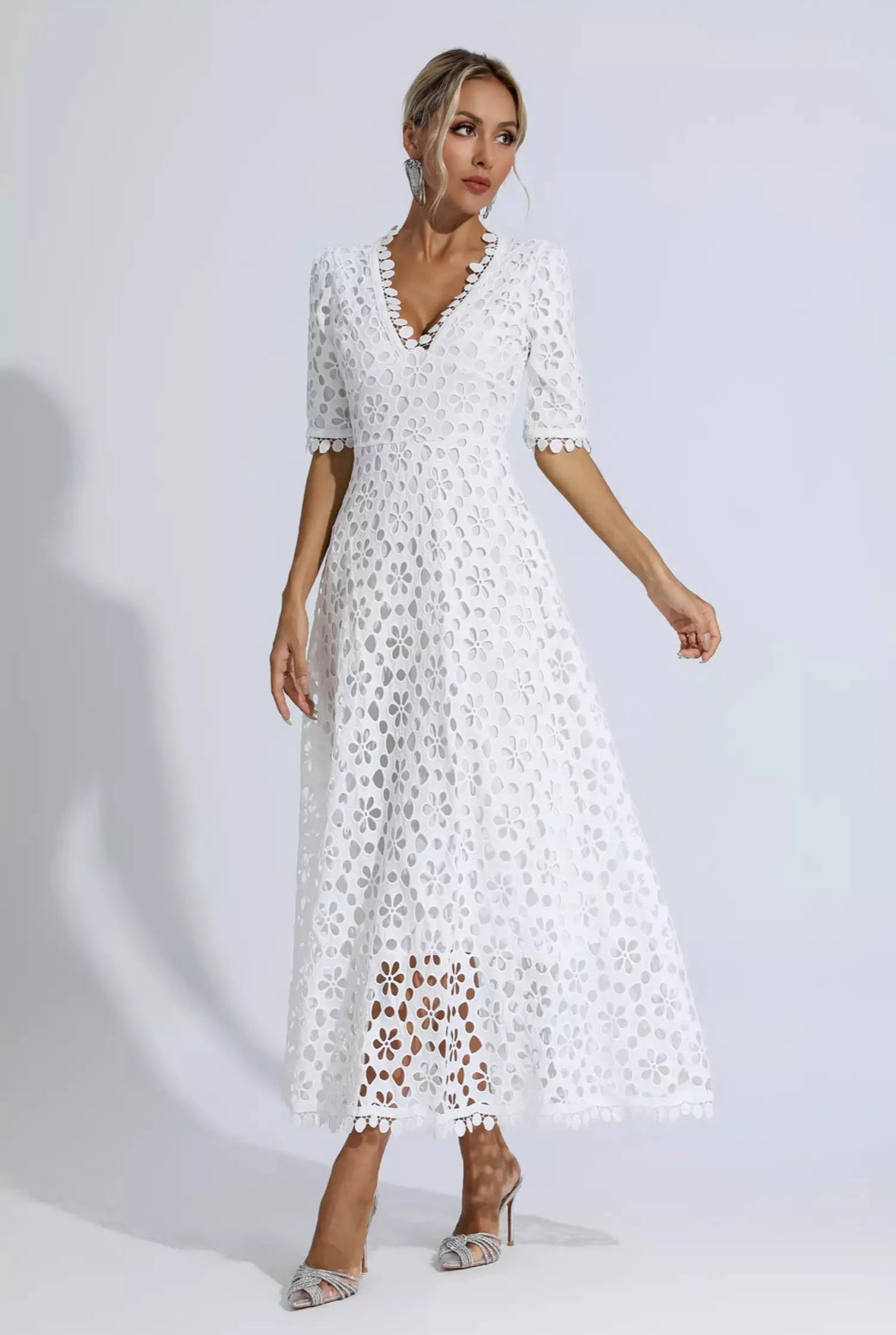 White floral lace maxi dress