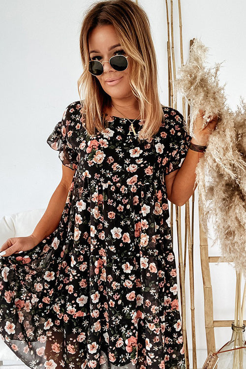 Feels Right Floral Print Short Sleeve Mini Dress - 3 Colors Black