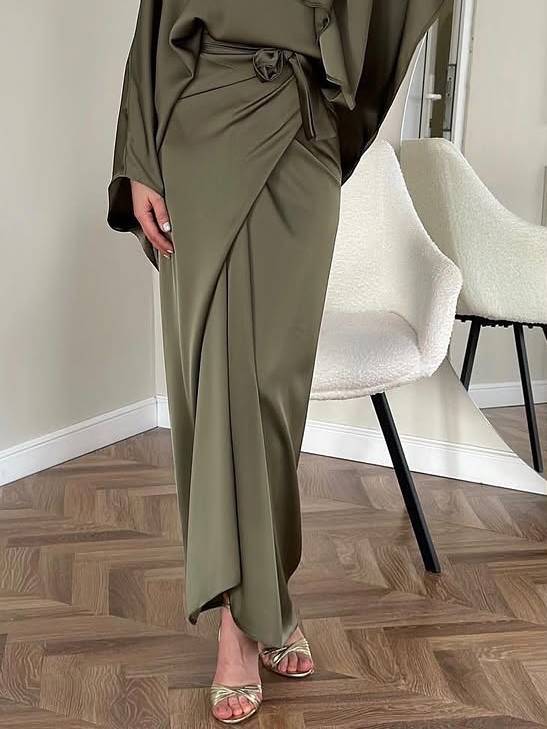 Minimalist Loose Shirt And Lace-up Skirt Suit-Skirt Green