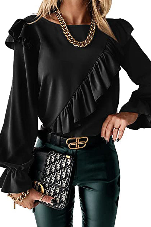 Elegant Image Ruffled Long Sleeve Top - 6 Colors Black