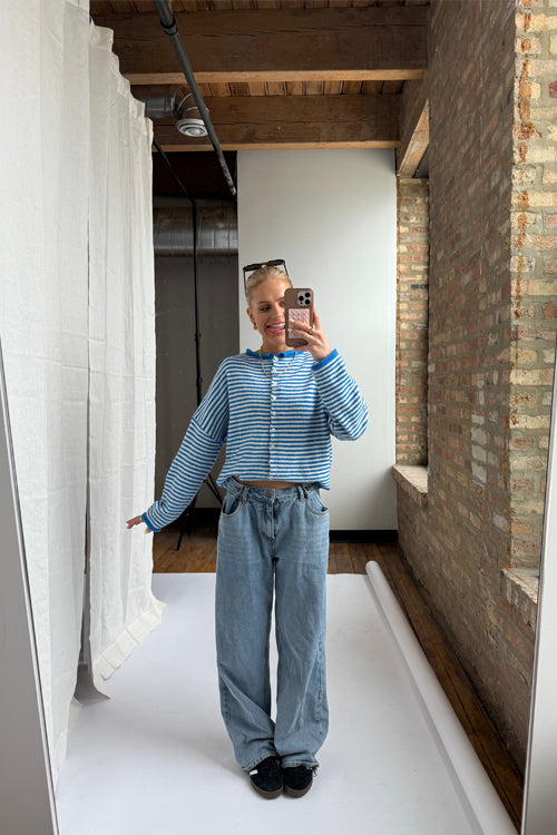 Attractively Cozy Soft Striped Knit Cardigan - Blue