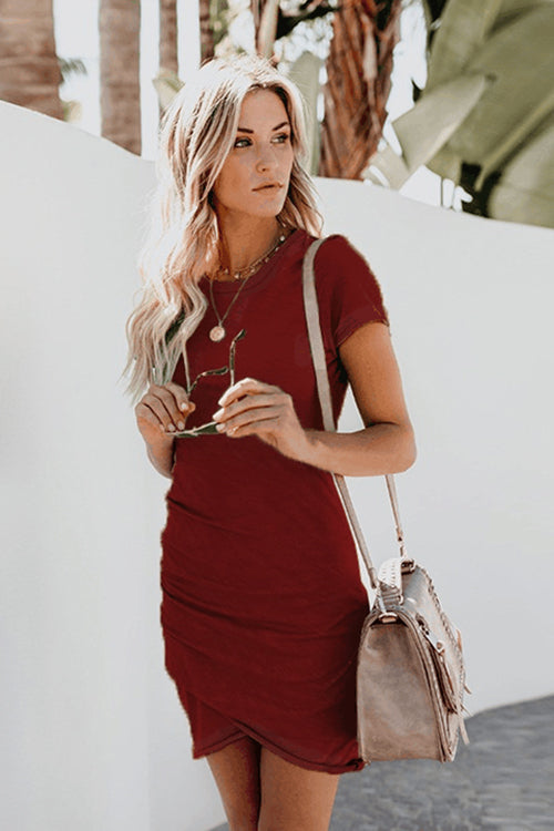 Summertime Pure Color Pleated Mini Dress - 3 Colors Wined Red