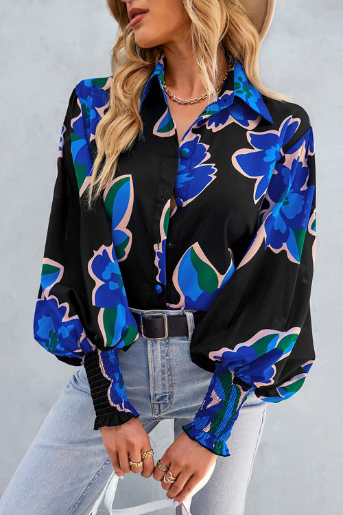 Life Of Love Print Button Down Smocked Top - 7 Colors Blue&Black