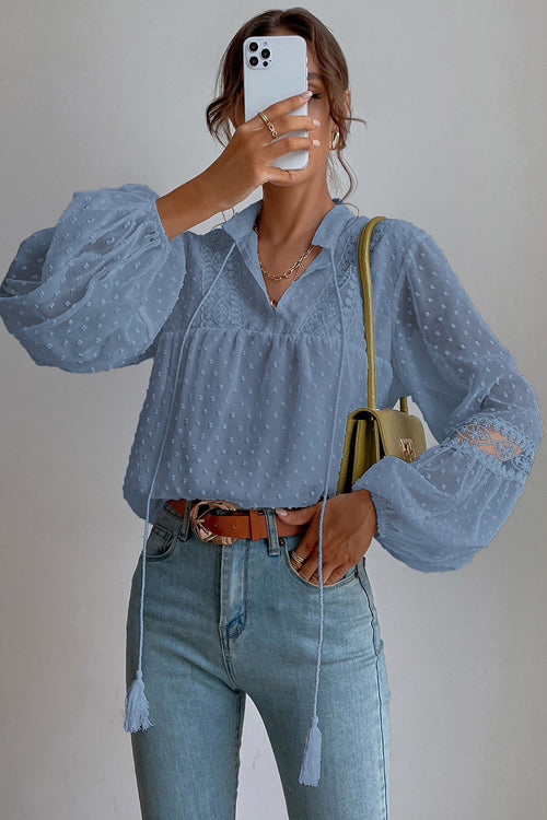 Lovely New Day Lace Swiss Dot Long Sleeve Top - 4 Colors Blue