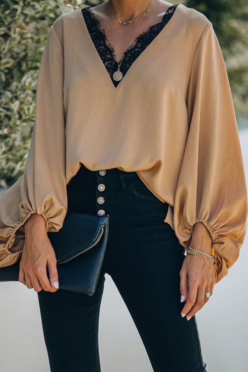 Date Night Out Lace Balloon Sleeve Top - 3 Colors Khaki
