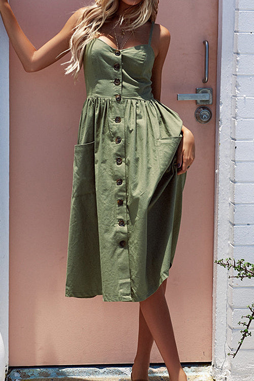 Spaghetti Button-Up Full Midi Dress - 6 Colors Olive-green