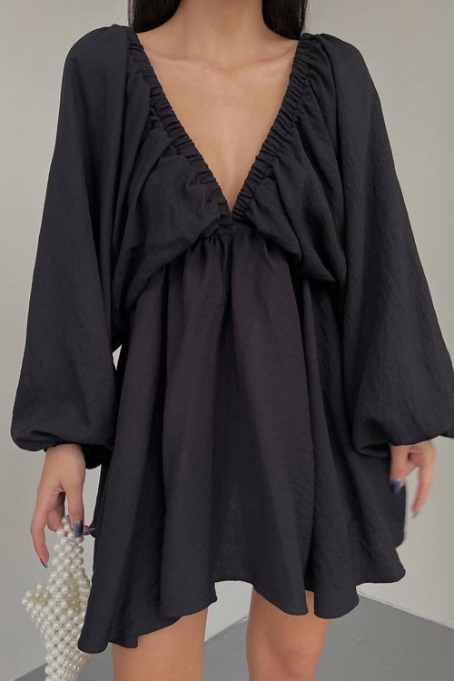 Feeling So Sweet V-neck Long Sleeve Mini Dress - 7 Colors Black
