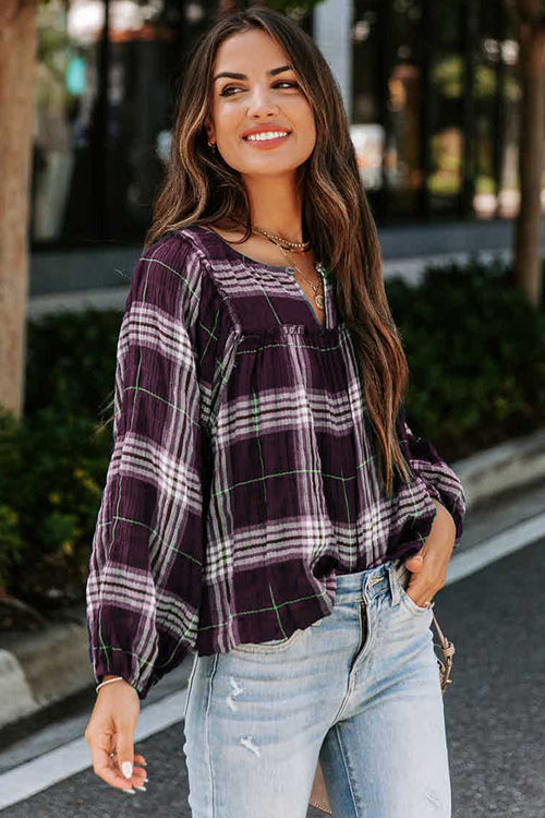 Weekend Moments Plaid Long Sleeve Top - 4 Colors Purple