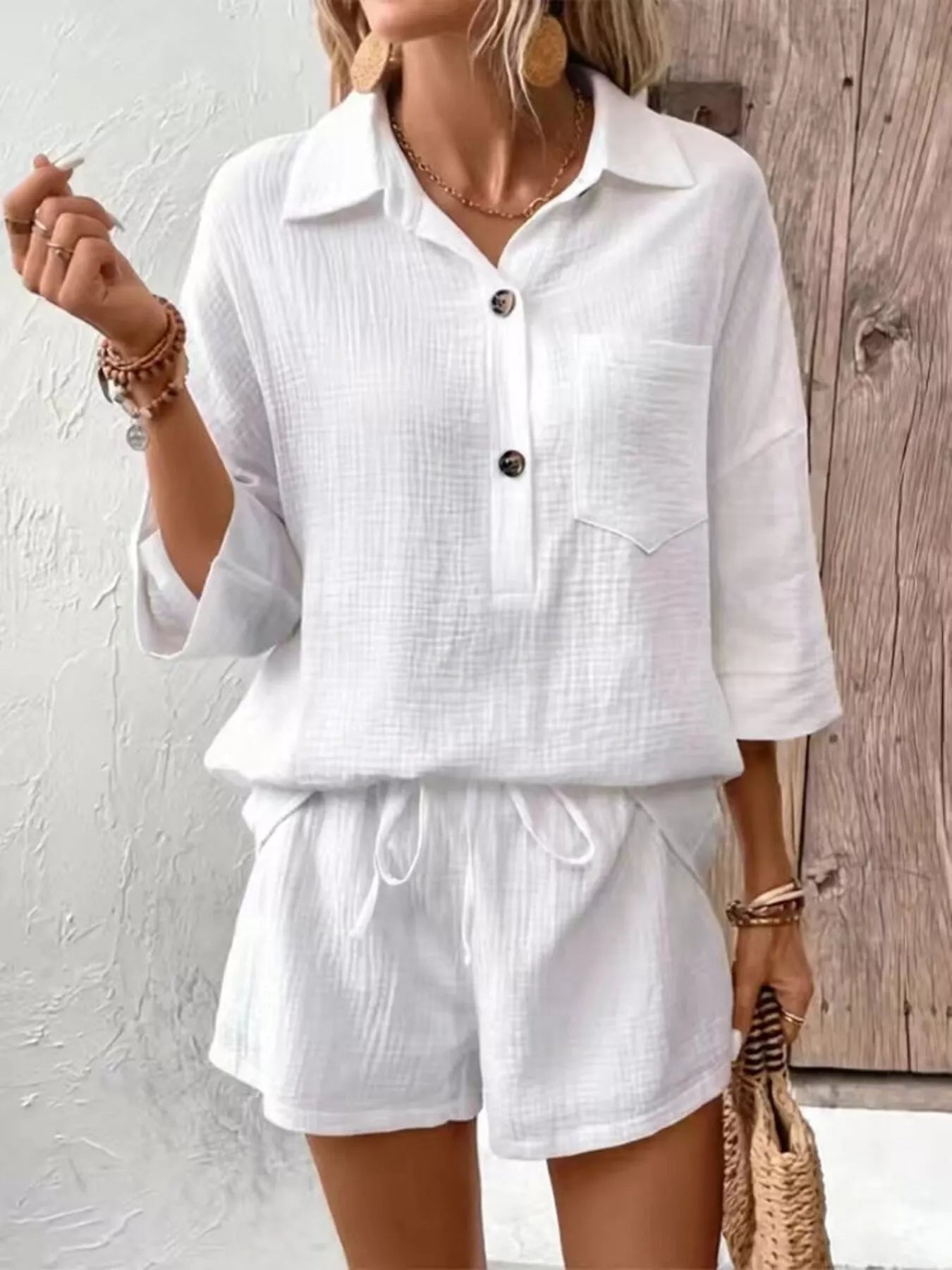 Button Detail Top and Shorts Set