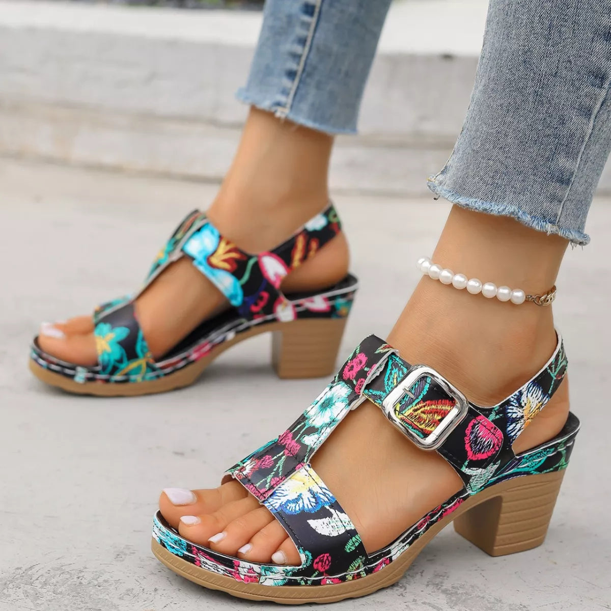 Floral Print Buckle Ankle Strap Block Heel Sandals