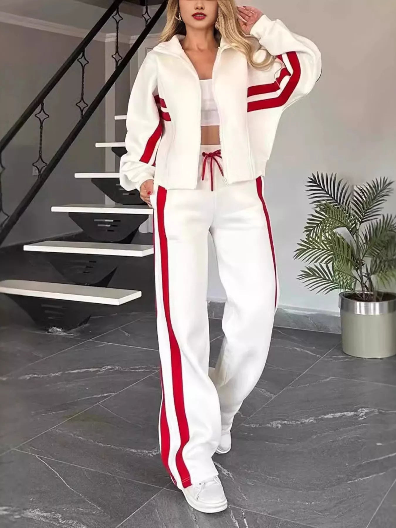 Full Size Striped Zip Up Outerwear and Pants Set Plus Size