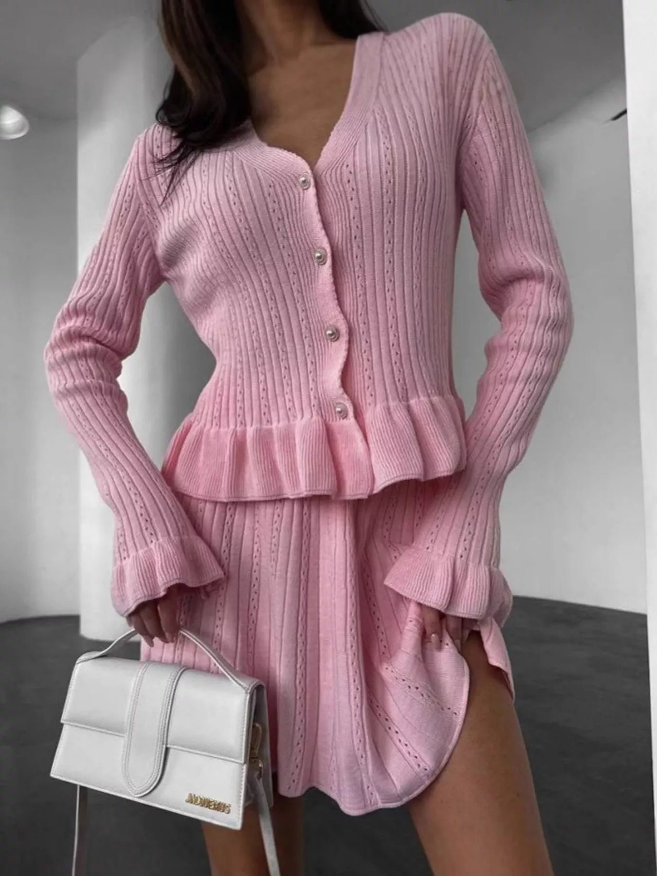 Ruffle Trim Knit Cardigan & Skirt Set Blush Pink