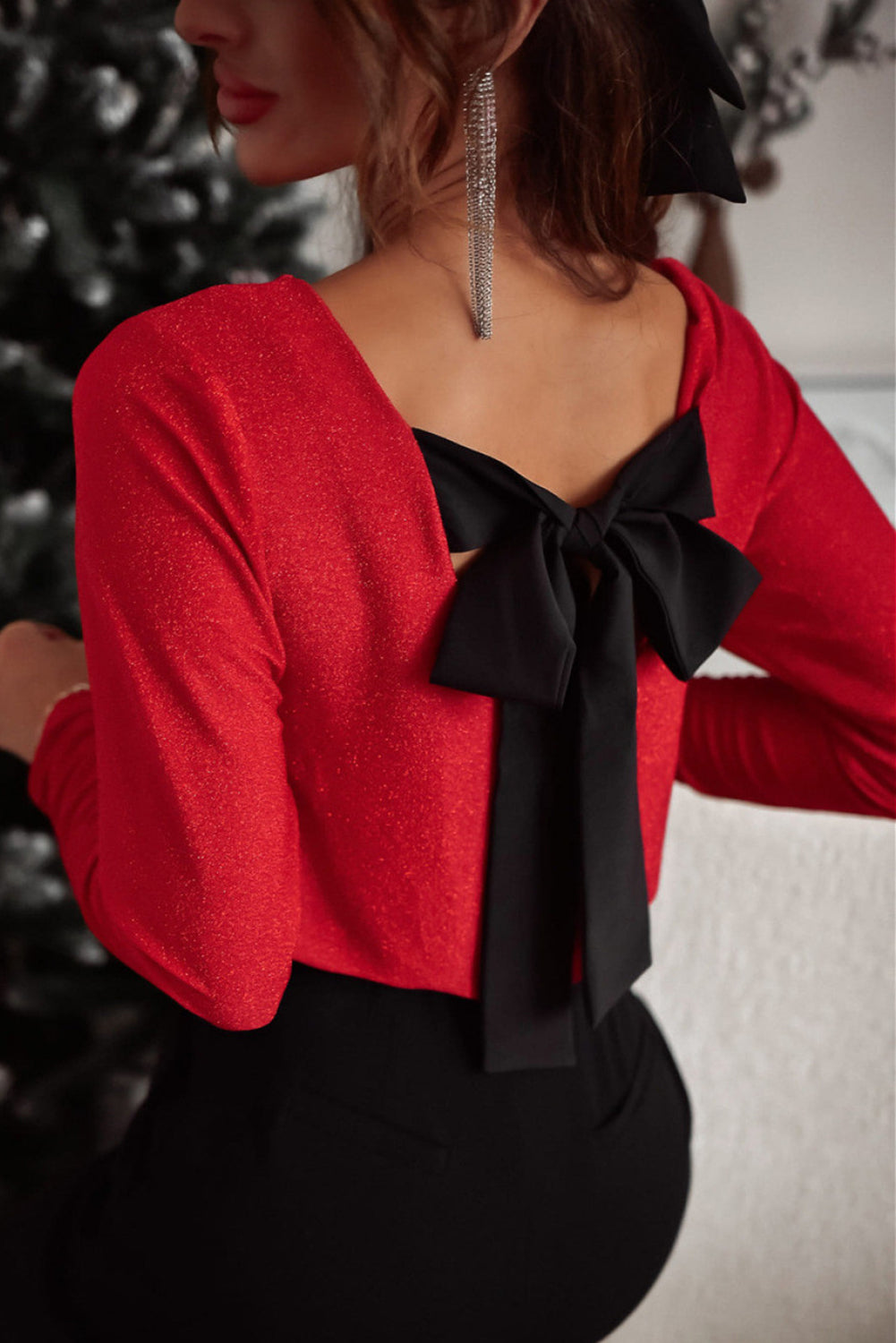 Bowknot V-Neck Long Sleeve Blouse Red