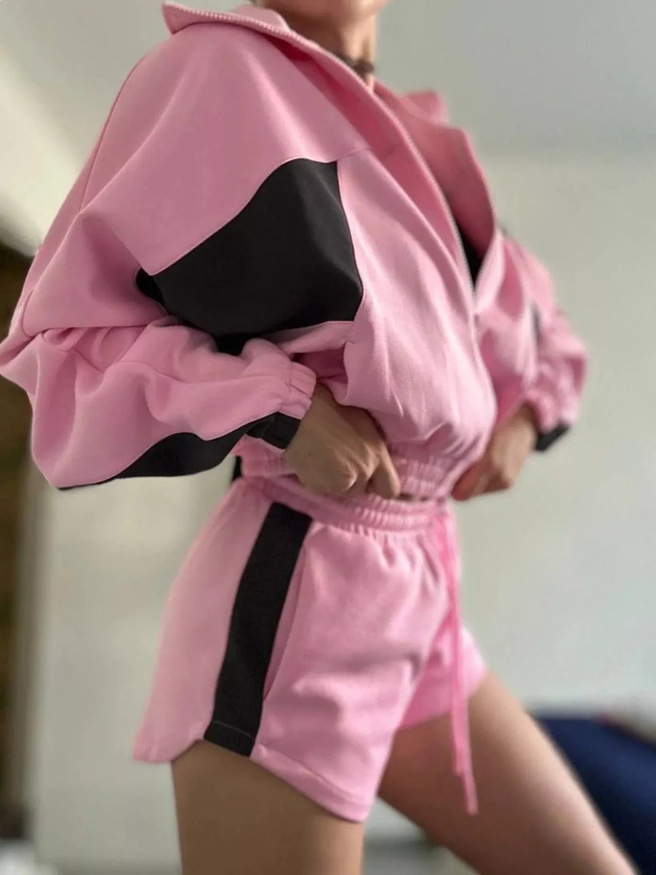Zip Up Long Sleeve Outerwear and Shorts Set