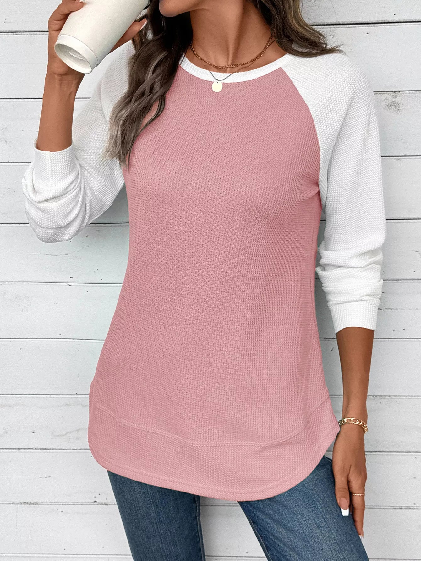 Contrast Raglan Sleeve Waffle Knit T-Shirt