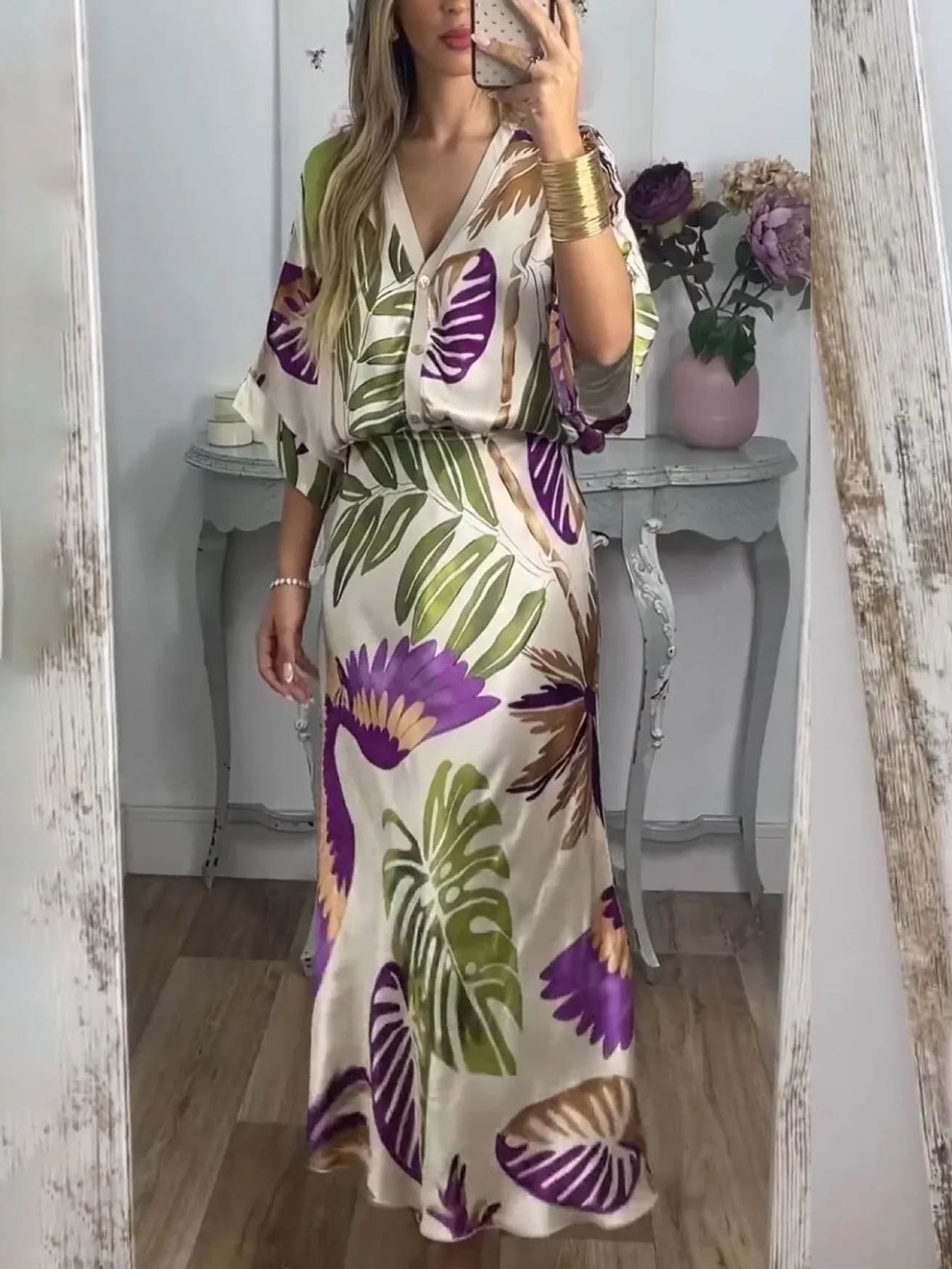 Retro Parrot And Palm Leaf Print Two-Piece Set Cream Set