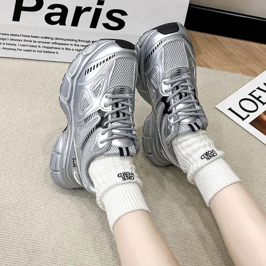 Silver Lace-Up Platform Athletic Shoes – Sporty Shine