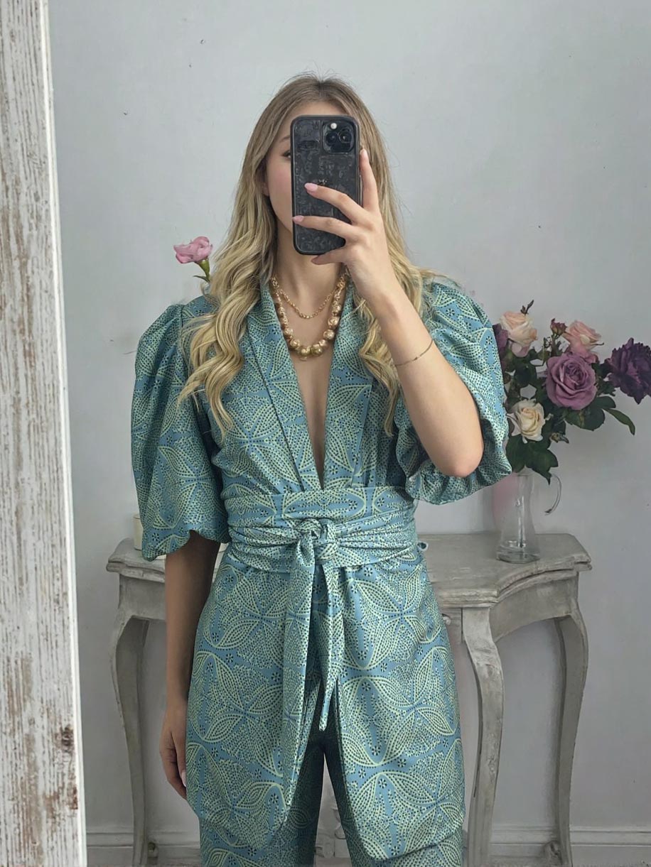 Casual Ethnic Style Printed Puff Sleeve Shirt Green