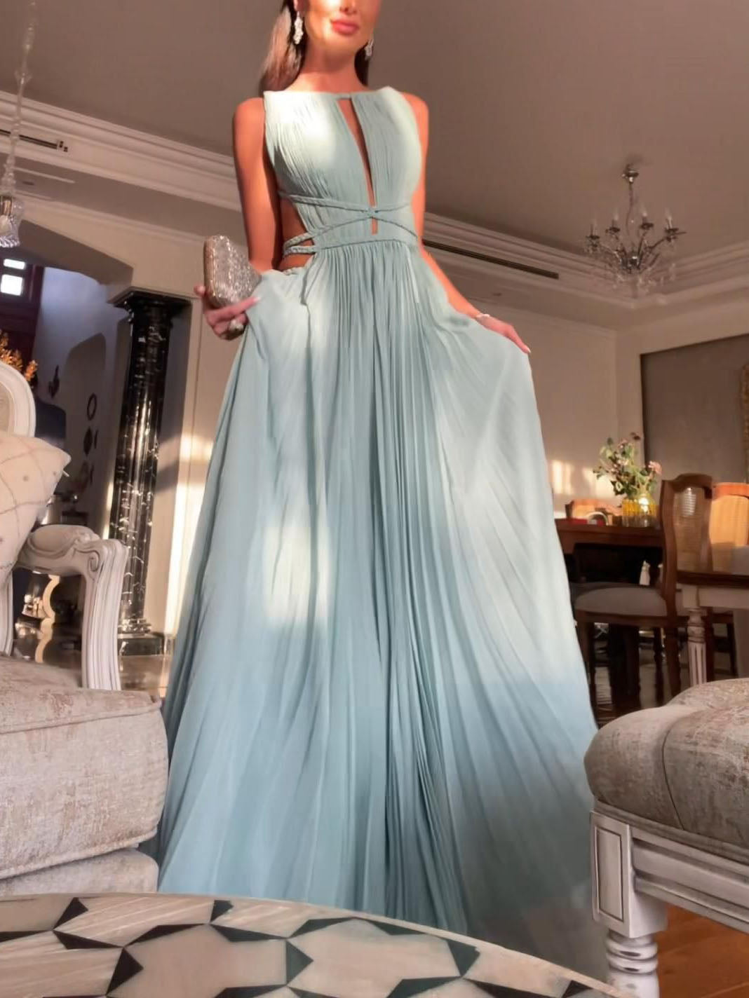Elegant Hollow Back Sleeveless Pleated Maxi Dress Blue