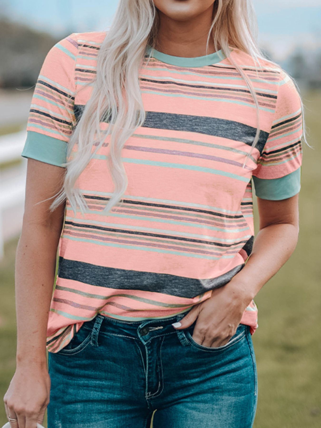 Minty Pink Multicolor Stripes Crew Neck T Shirt