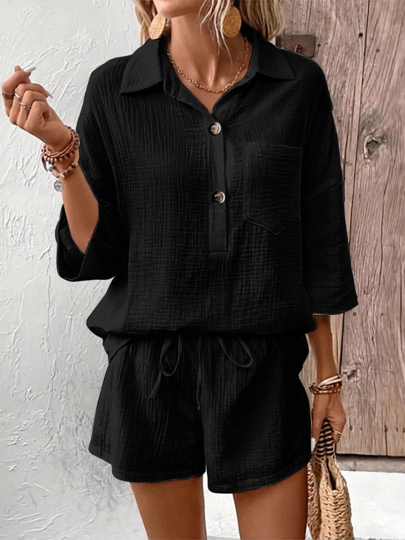 Button Detail Top and Shorts Set