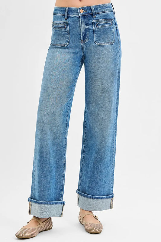 Wide Patch Pocket Cuff Jeans – Plus Size, Mid Rise