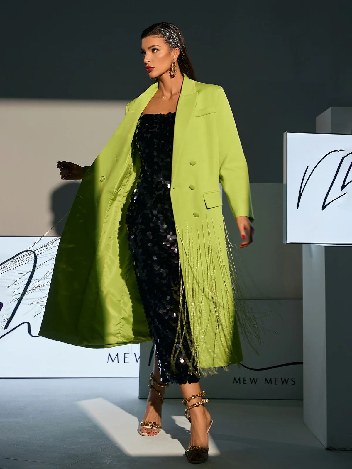 Neon green crystal fringe blazer coat