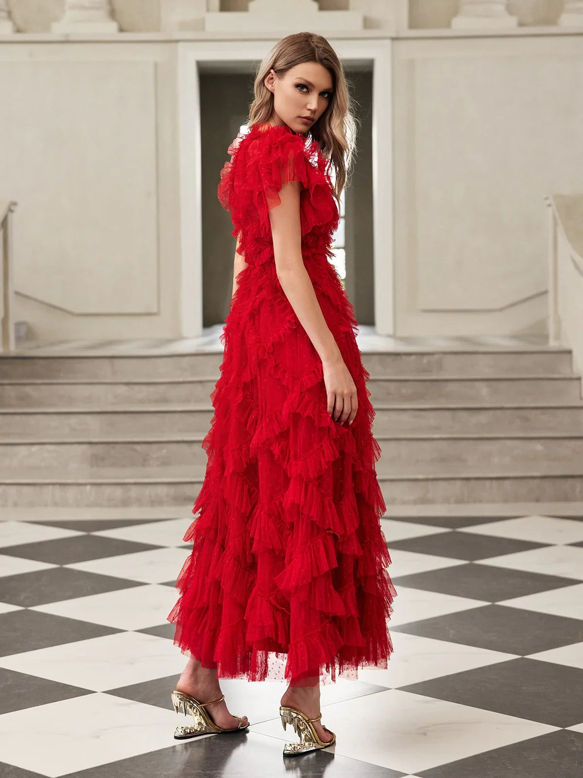 Red short sleeves mesh midi dress size S