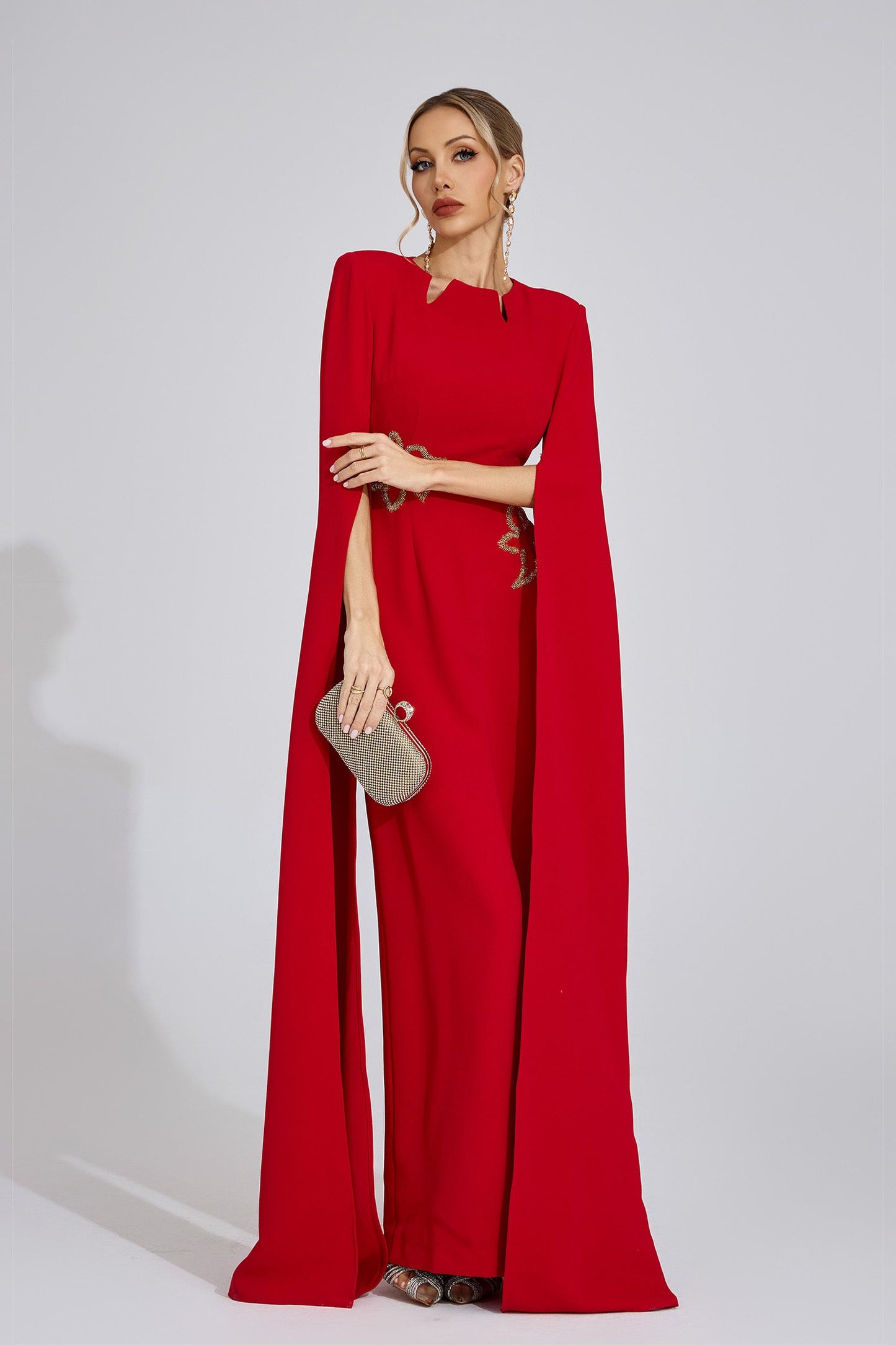 Valentina Cape-Sleeve Embellished Gown