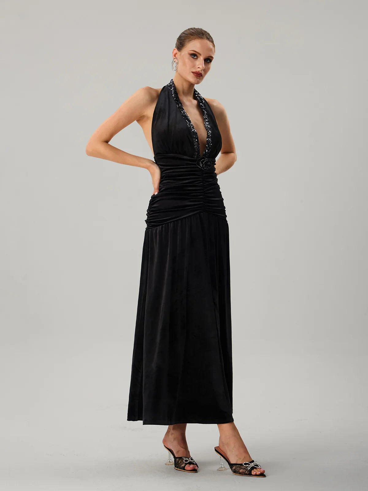 Black Halter Ruched Maxi Dress