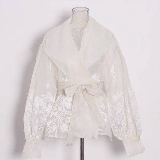 Semi Sheer Embroidered Wrap Blouse – Ivory