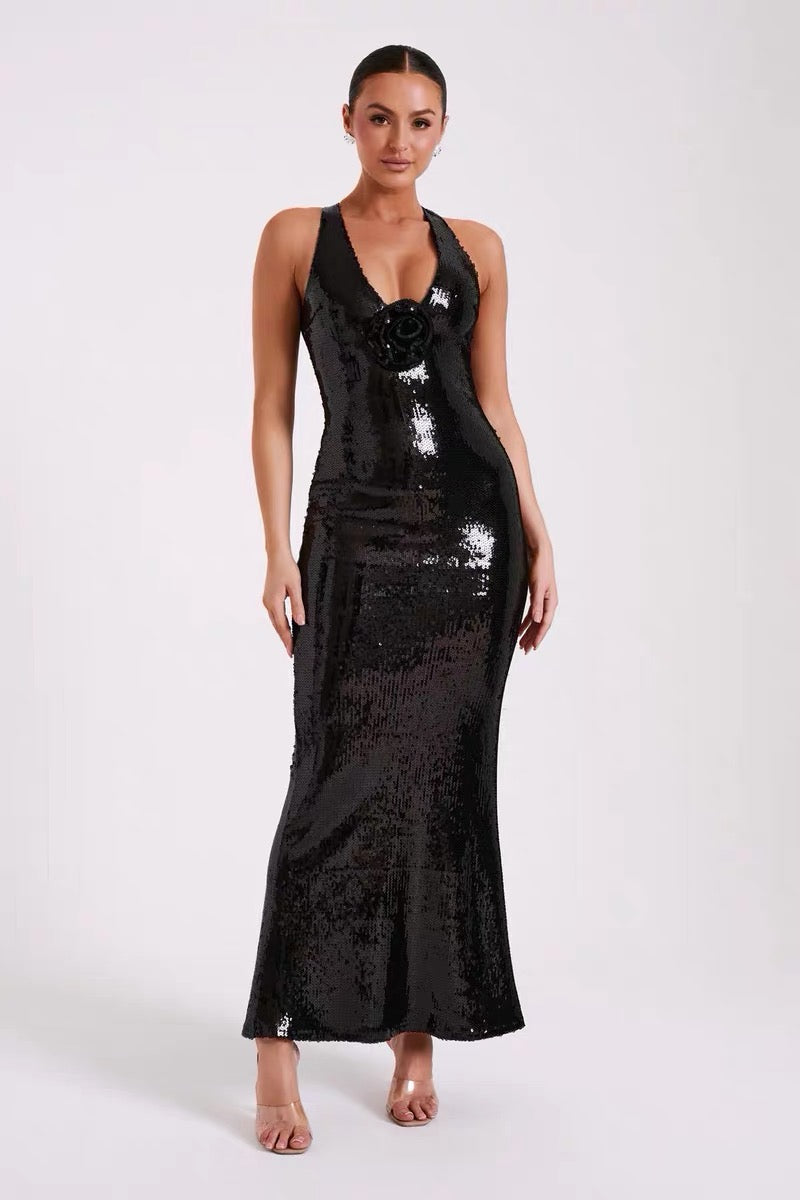 Flower sequin maxi backless dress