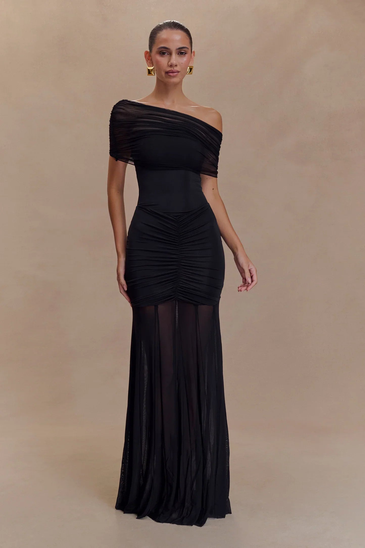 Noir Sheer Ruched Strapless Gown