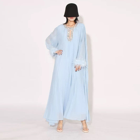 Crystal & feathers embellished blue maxi dress