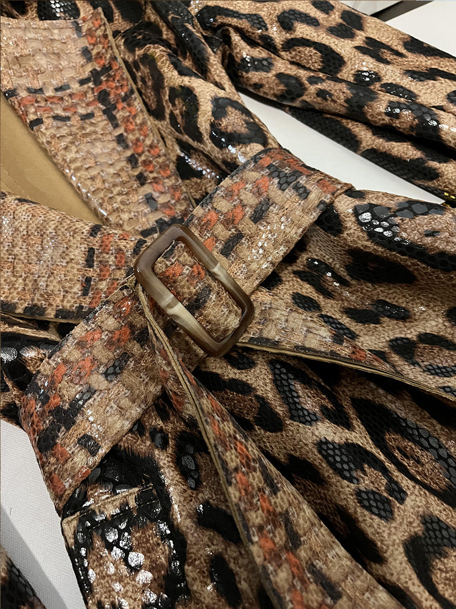 Leopard leather long coat