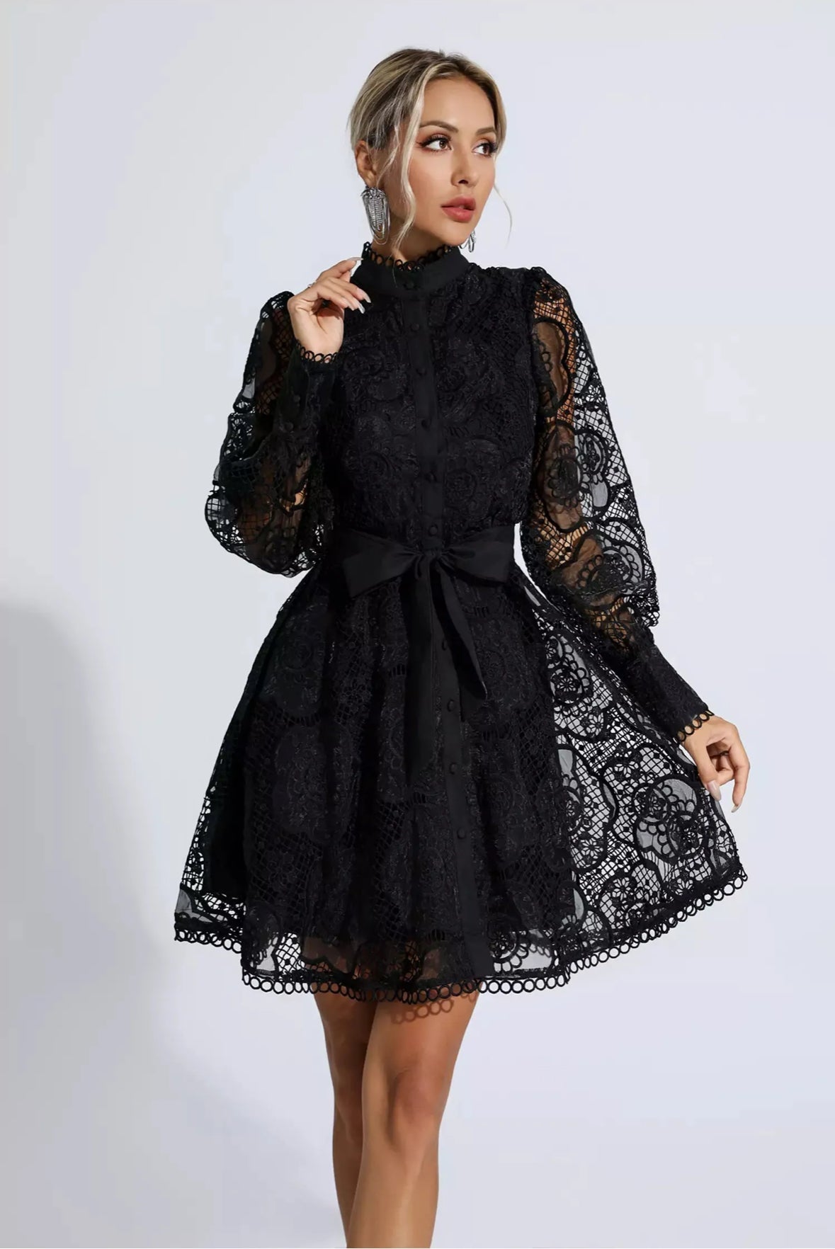 Floral lace tied black mini dress