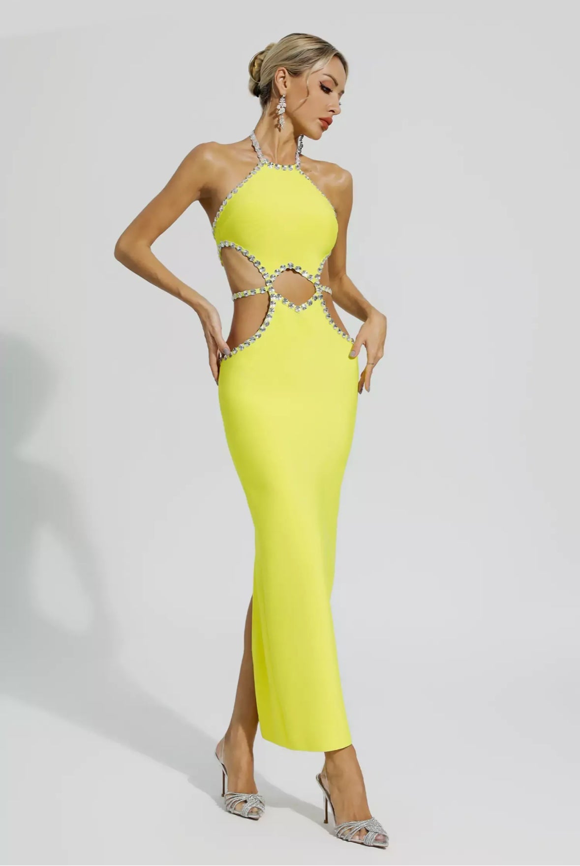 Yellow cutout rhinestone maxi dress