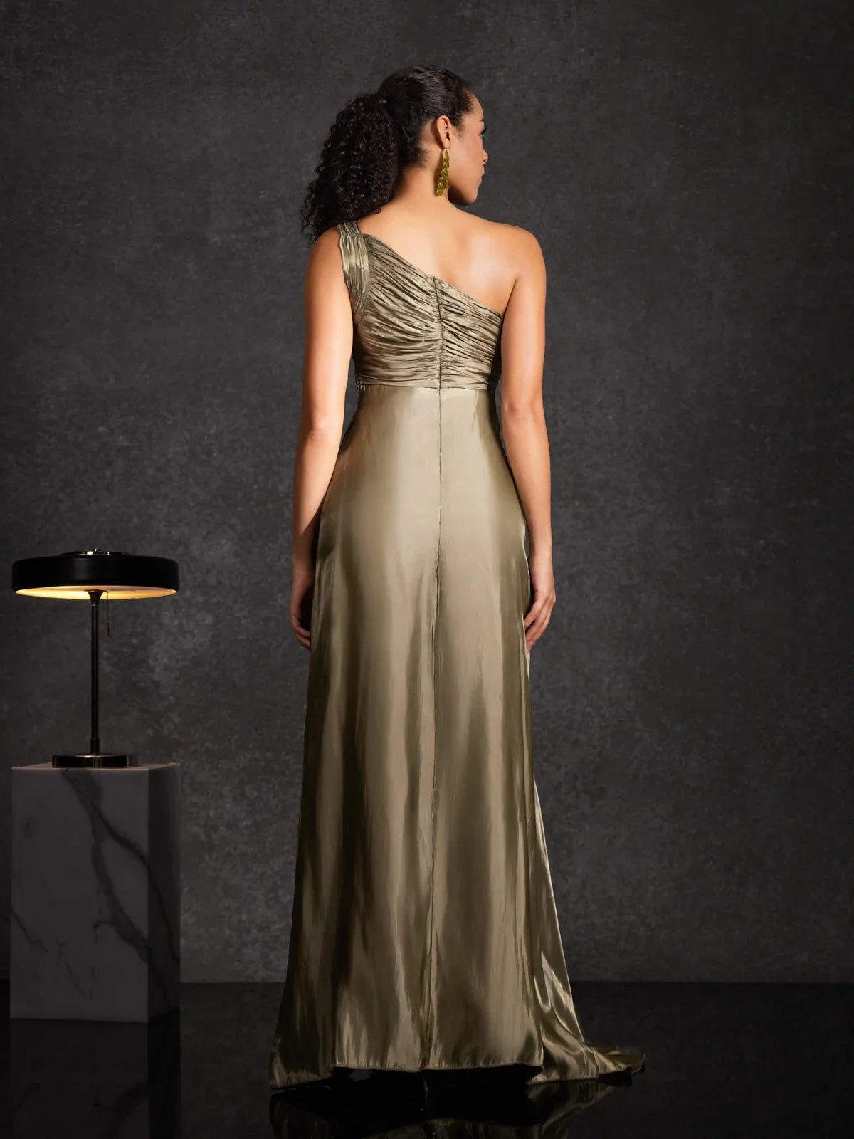 Olive One-Shoulder Satin Gown
