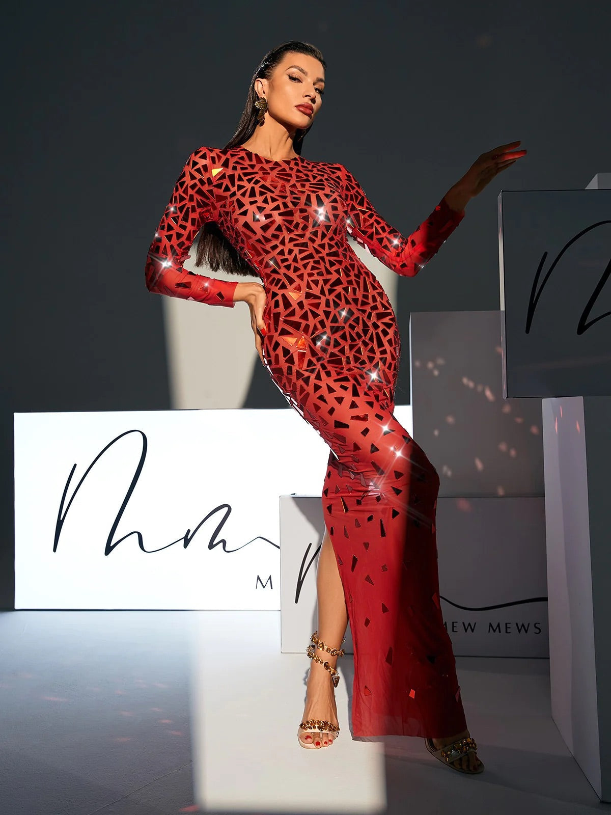 Red Acrylic mesh maxi dress