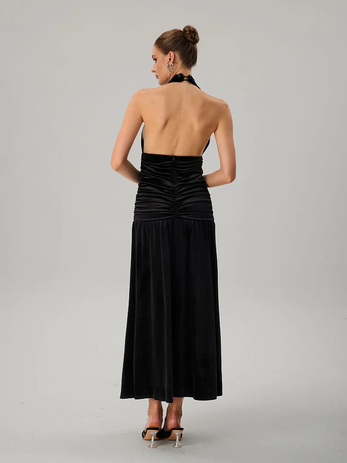 Black Halter Ruched Maxi Dress
