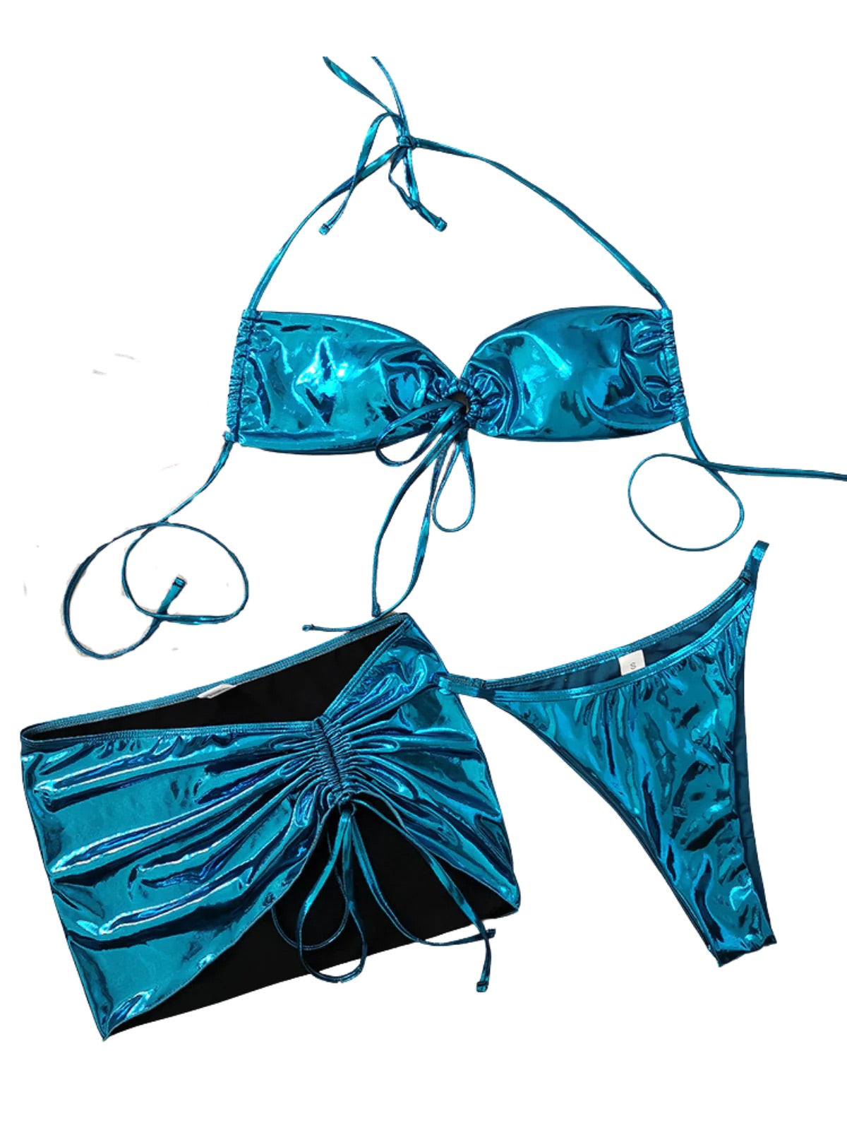 Blue metallic three piece bikini set