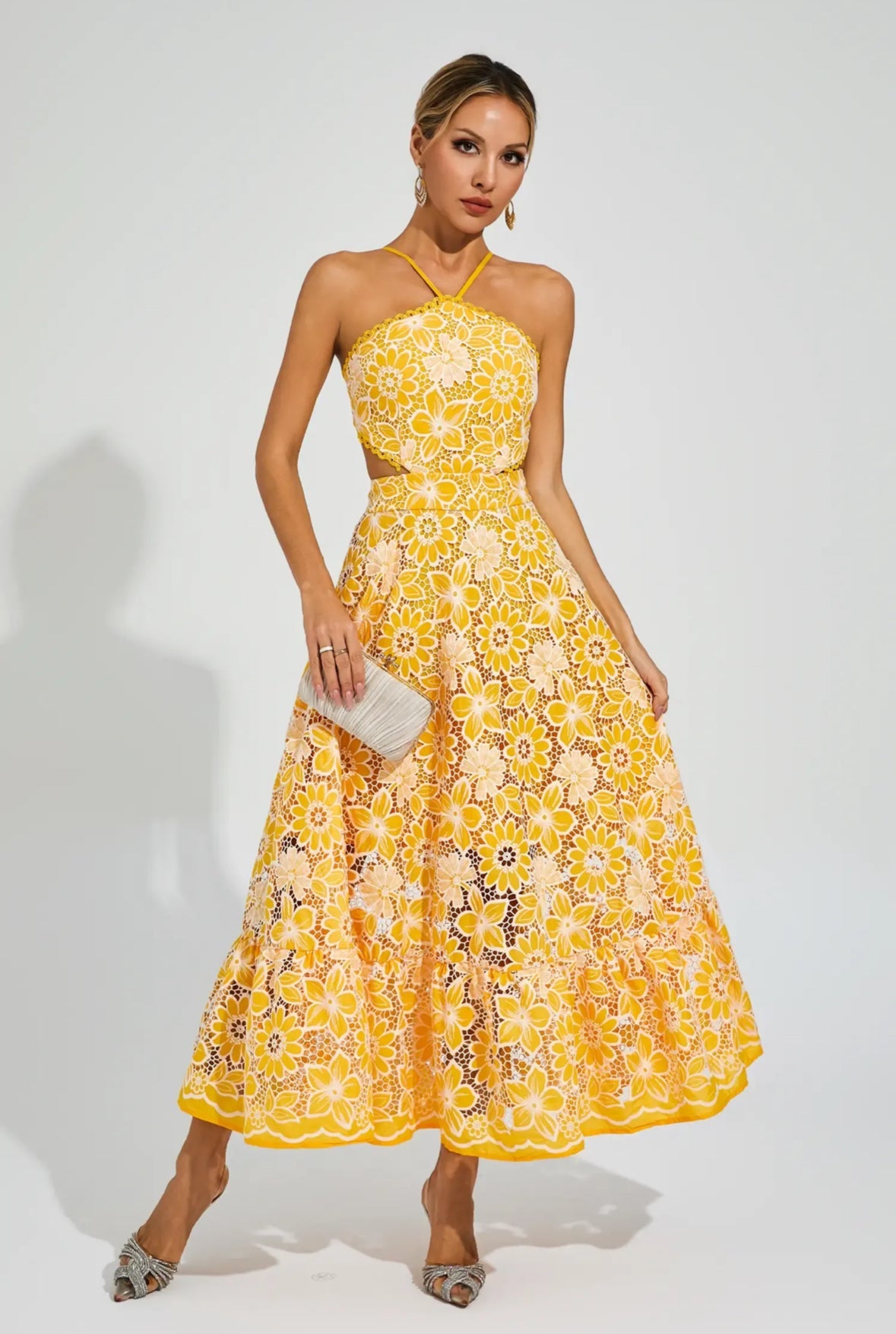 Fiora Embroidered Lace Midi Dress Yellow