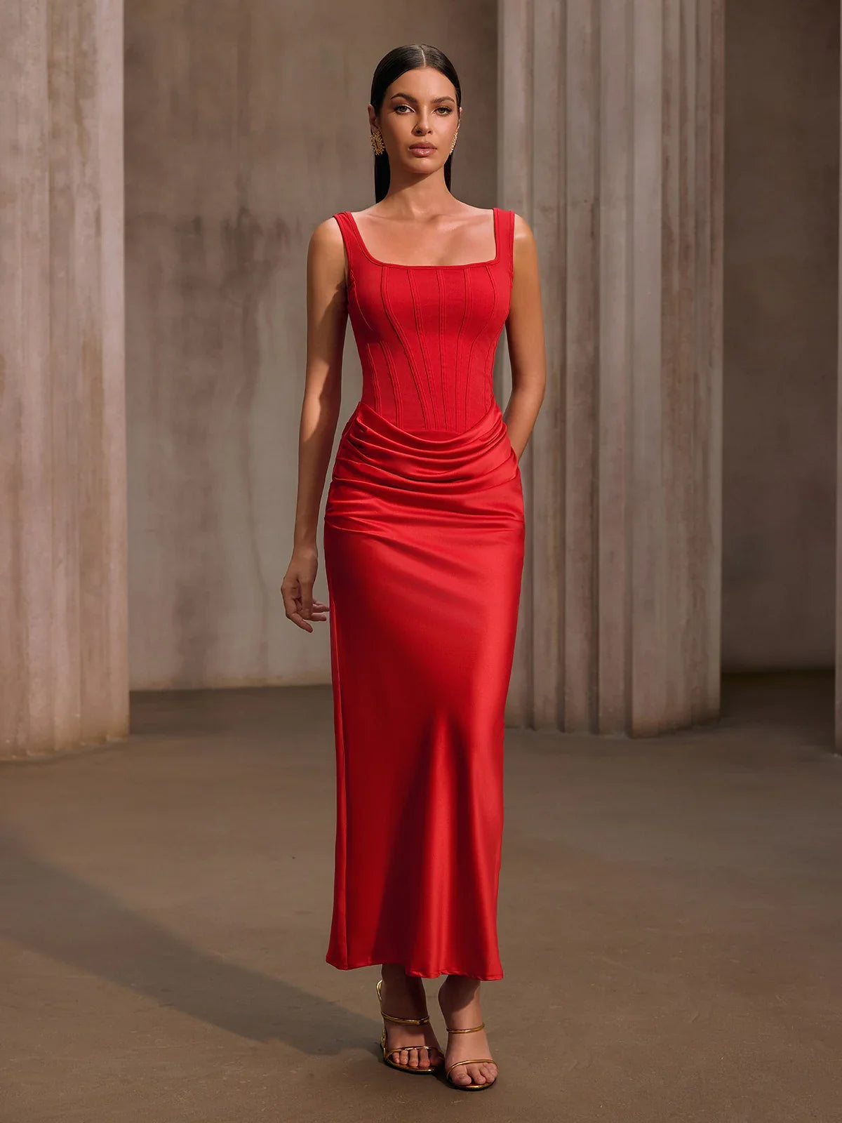 Scarlet Contour Satin Maxi Dress