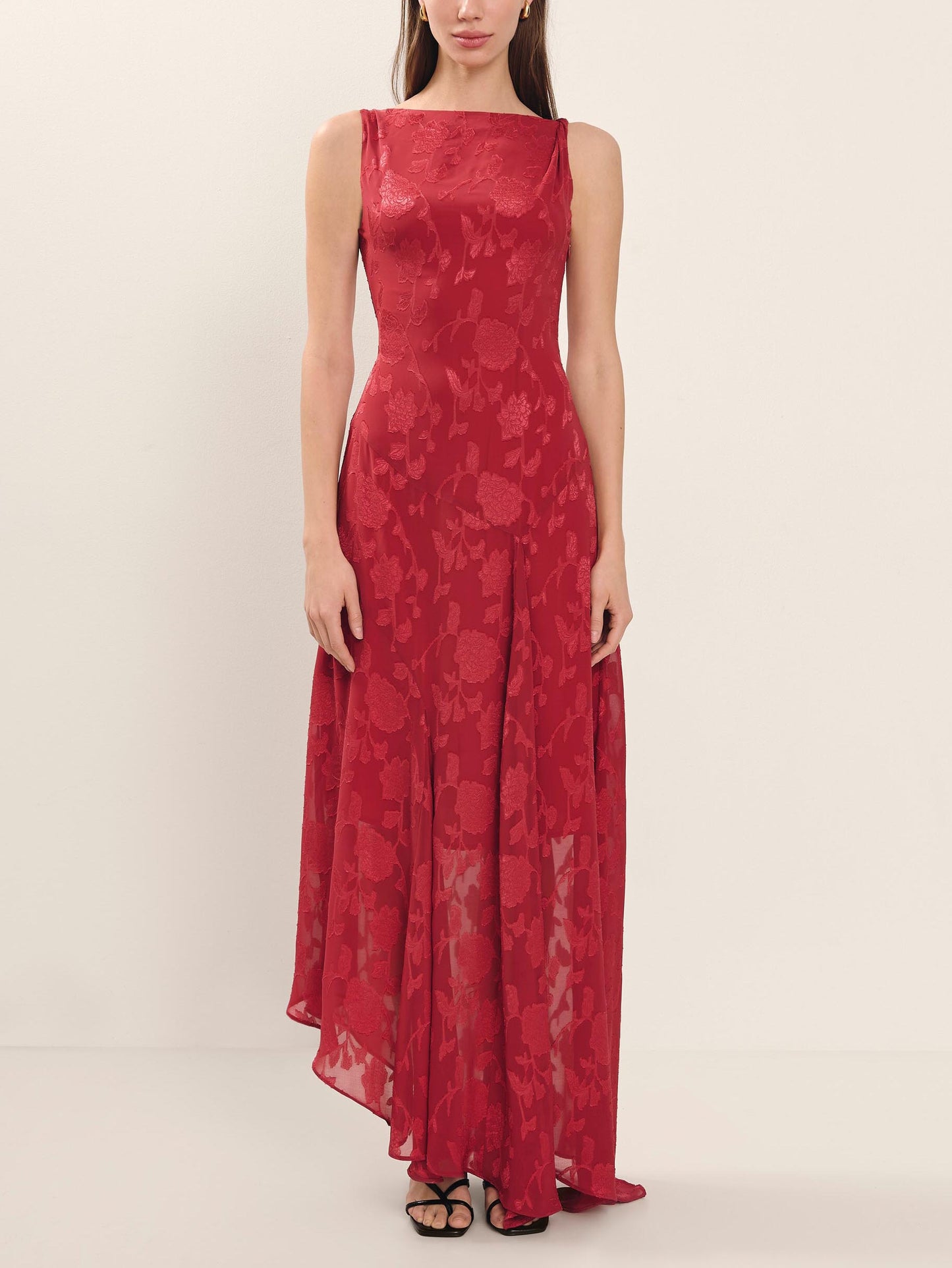Exquisite Floral Jacquard Irregular Hem Maxi Dress Red