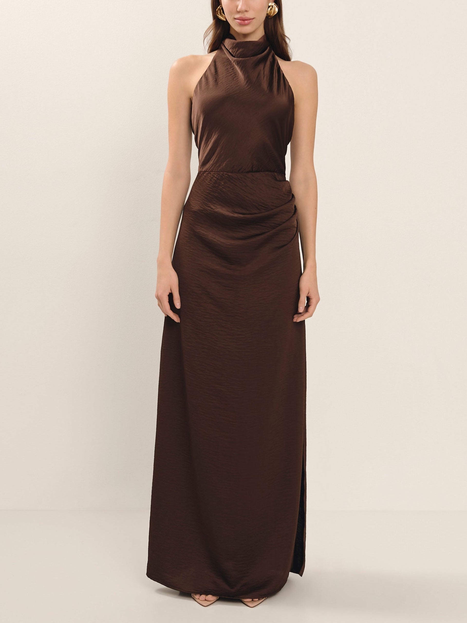 Elegant Holders Corner Satin Pleated Maxi Dress Brown