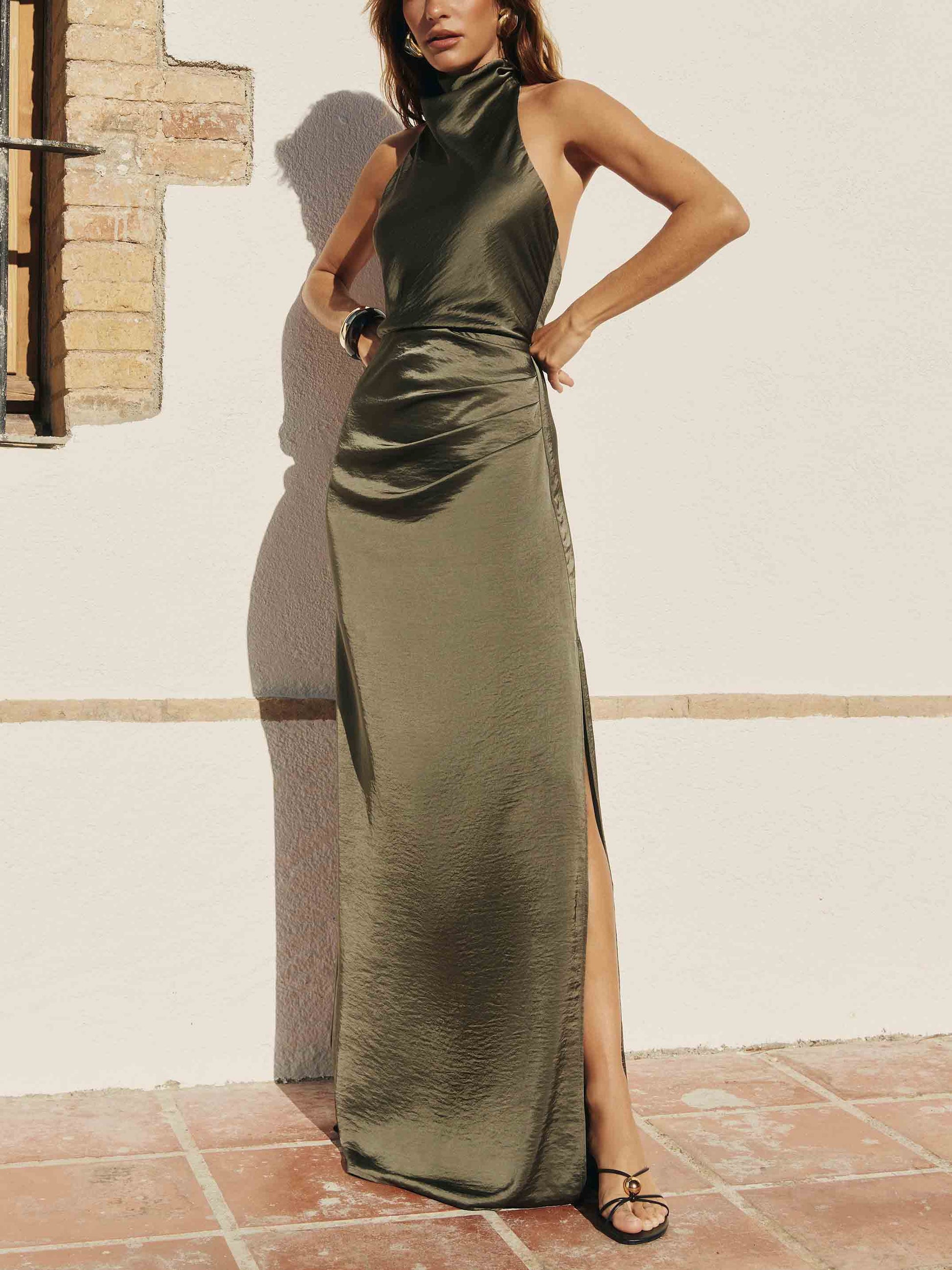 Elegant Holders Corner Satin Pleated Maxi Dress Dark Green
