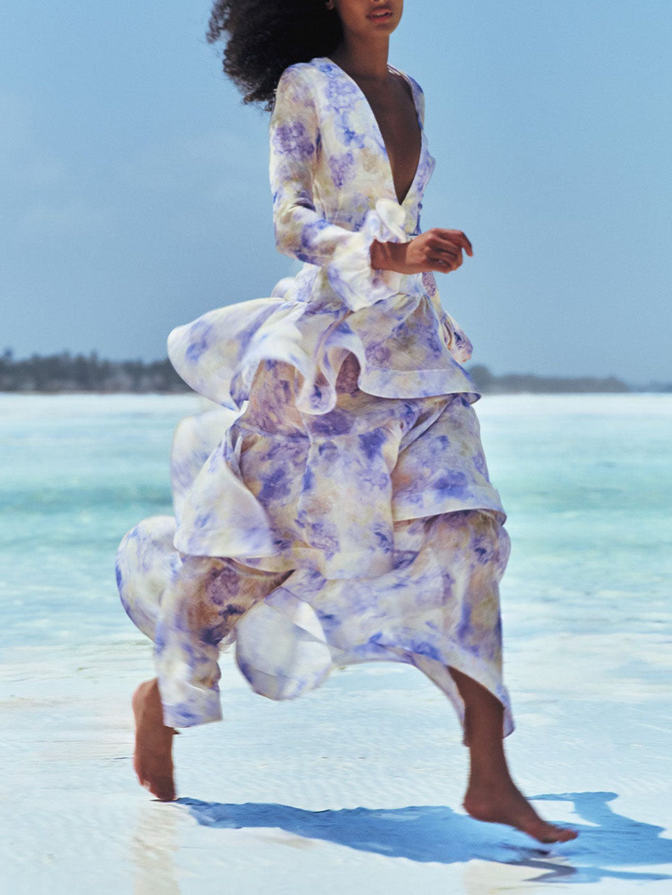 Elegant Sweet Floral Print Tiered Party Maxi Dress Blue