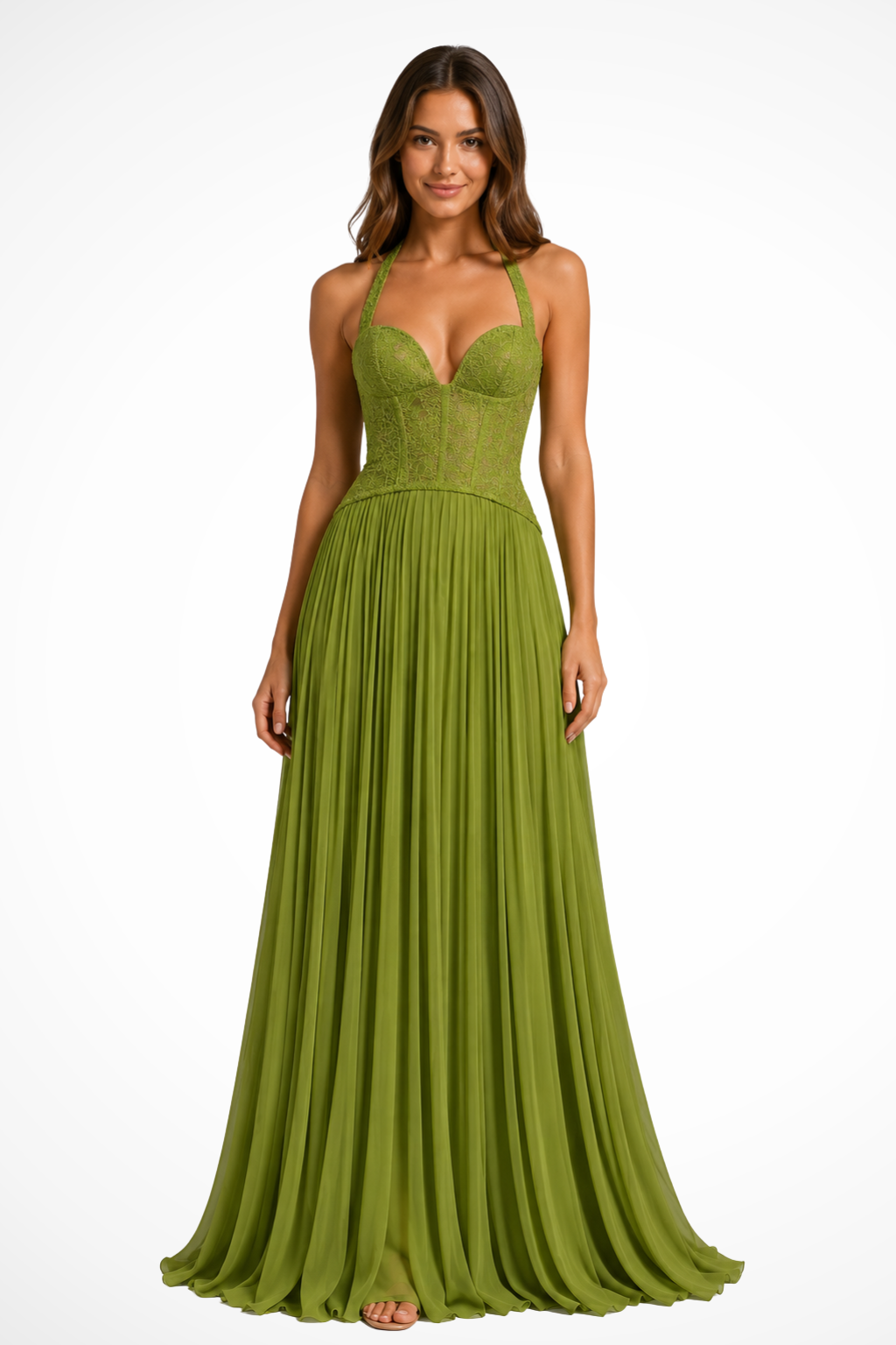 Arabesca — Halter Corset Pleated Maxi Dress For Sophisticated Wedding Guest Outfit Green