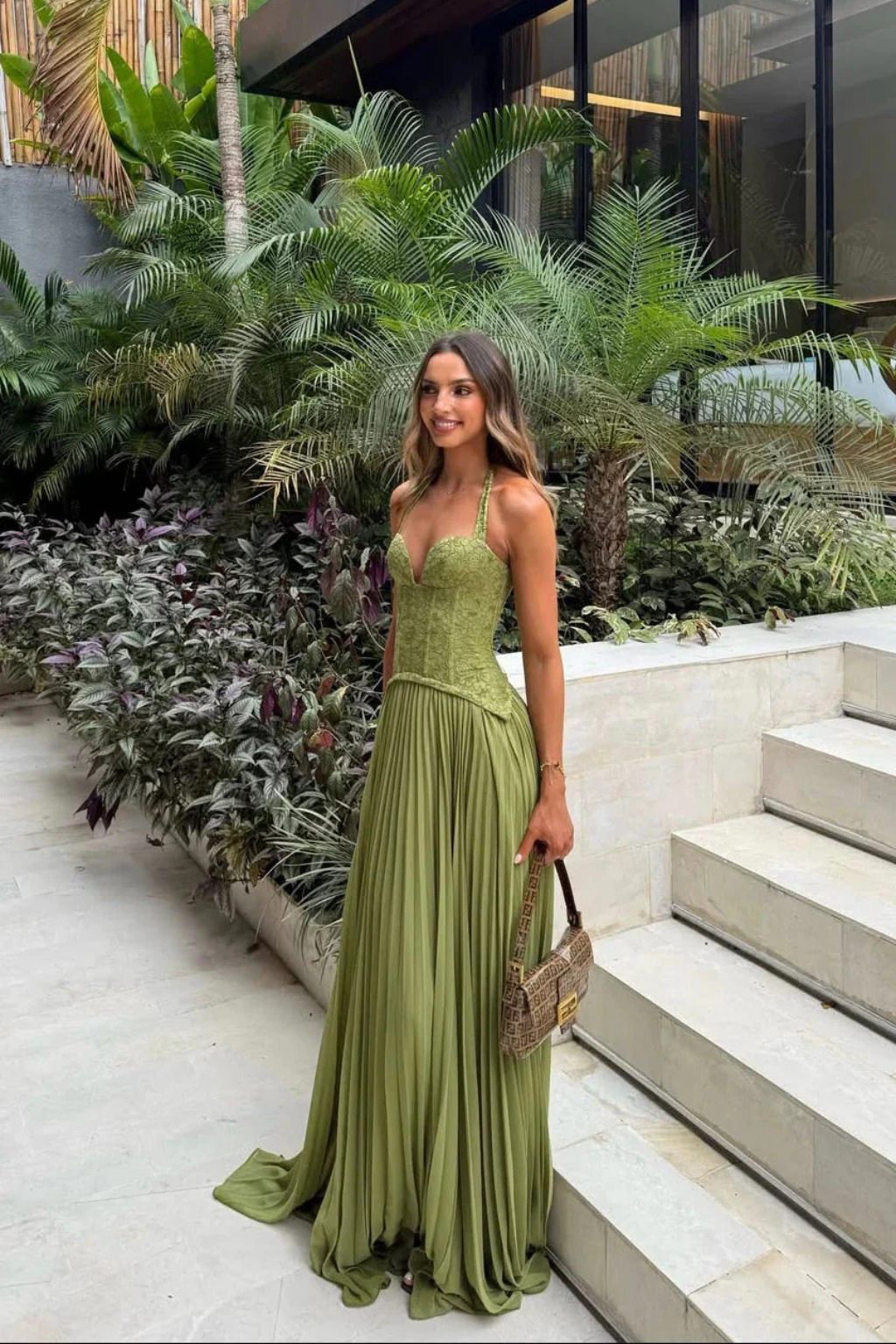 Arabesca — Halter Corset Pleated Maxi Dress For Sophisticated Wedding Guest Outfit