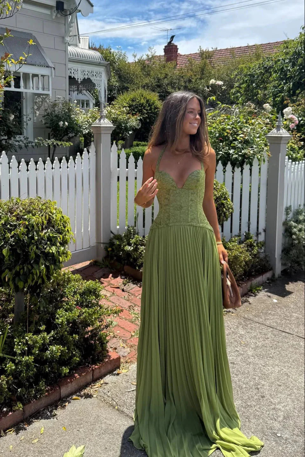 Arabesca — Halter Corset Pleated Maxi Dress For Sophisticated Wedding Guest Outfit